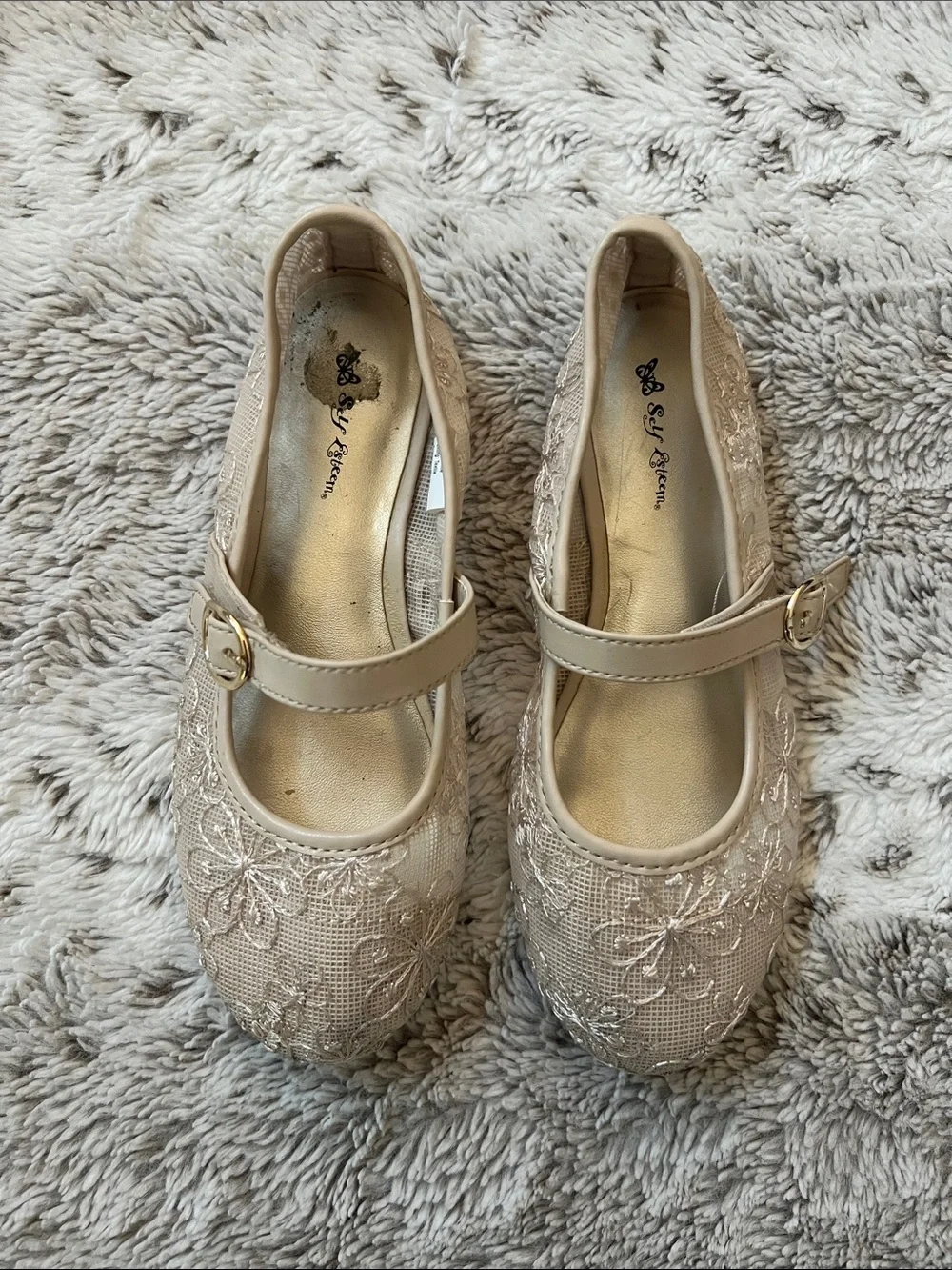 2 | Self Esteem Girls Beige Lace Embroidered Velcro Maryjane shoes